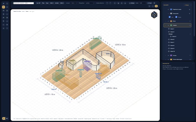 Plan 3D d'une tente de 15 × 25 m avec stands, murs et structures