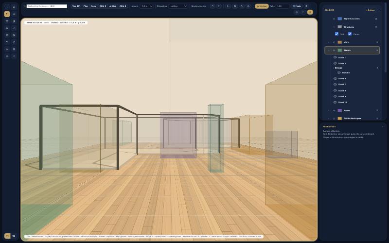 Vue visiteur à hauteur d'yeux à l'intérieur de la tente, avec stands et structures